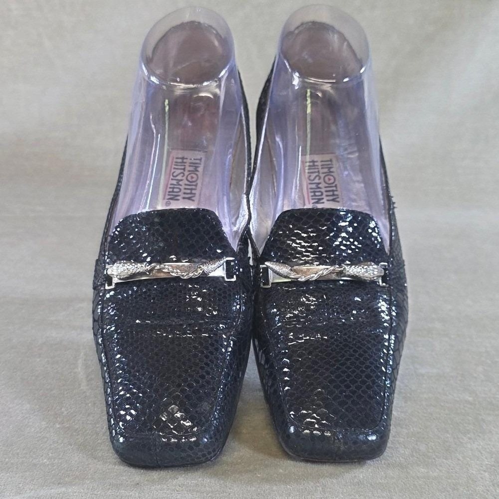 Vintage Timothy Hitsman Black Snakeskin Loafers Silver Snake Bit Hardware Sz 9 N